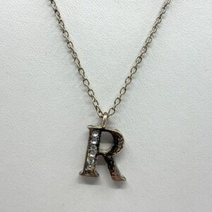 Y2K R Letter Initial Pendant Necklace Silver Tone Rhinestone Charm Dainty Gift